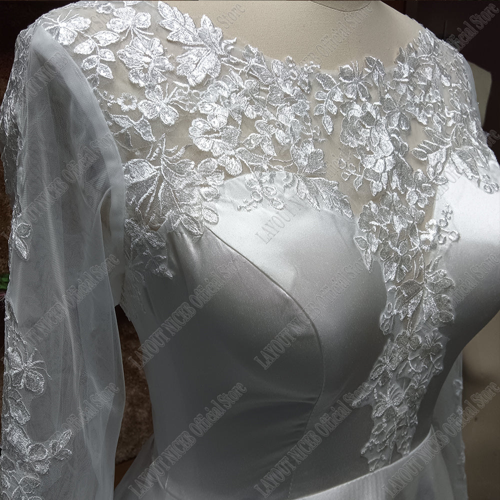 Elegant Satin/Lace Full A Line Long Sleeved Wedding Gown All Sizes/Colors