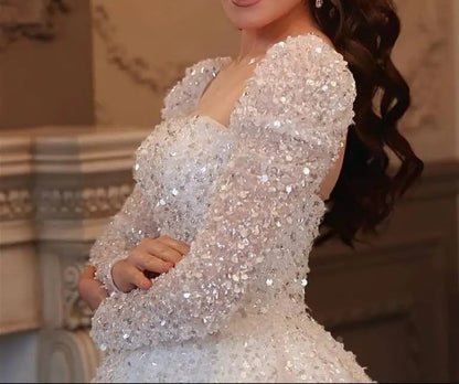 All Over Sequined Tulle Sparkle Long Sleeved Ball Wedding Gown All Sizes/Colors