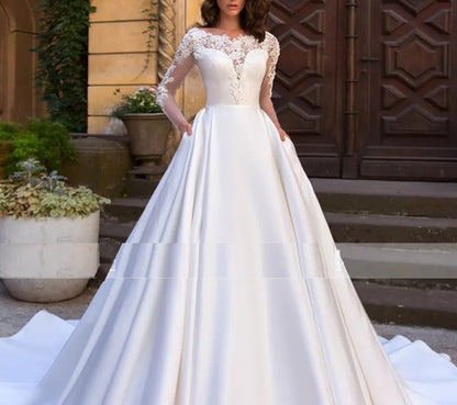 Elegant Satin/Lace Full A Line Long Sleeved Wedding Gown All Sizes/Colors