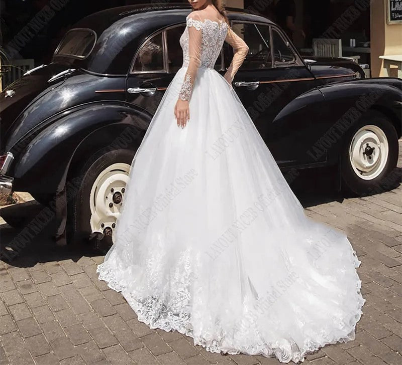 Illusion Bateau Lace/Tulle A Line Wedding Gown All Sizes/Colors