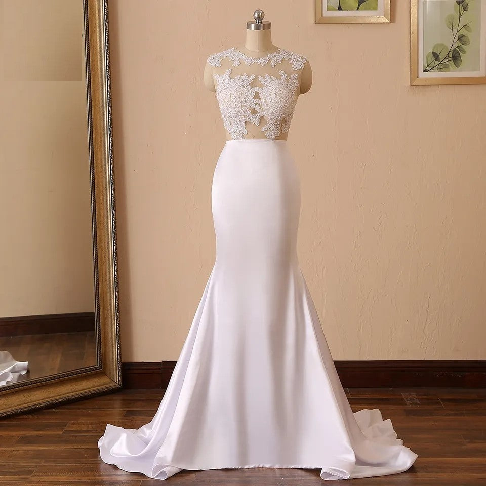 Sexy Pearled Illusion Lace/Satin Fit & Flair Wedding Gown All Sizes/Colors