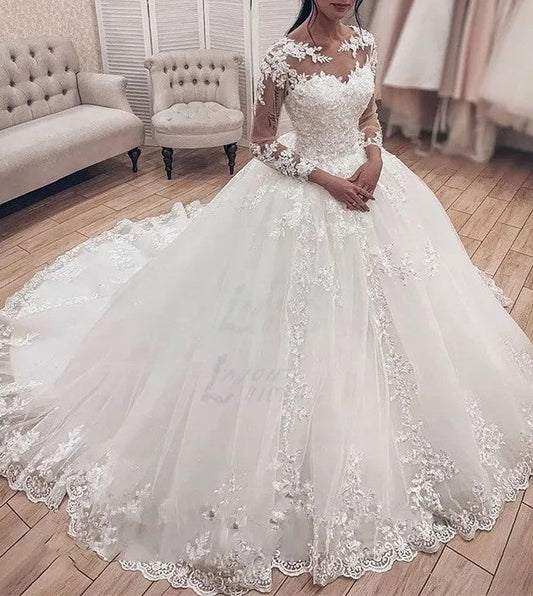 Lace Applique/Tulle Ball Long Sleeve Wedding Gown All Sizes/Colors