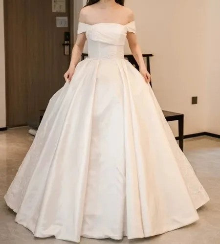 Bling Applique Waist Satin Off Shoulder Princess Ball Wedding Gown All Sizes/Colors