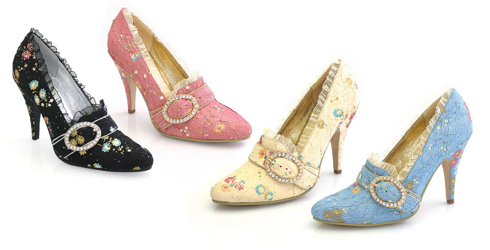 4.5" Heel Floral Fabric Pumps w/ Rhinestone Clip