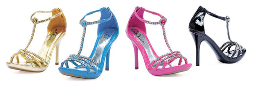 4" Heel Jeweled Rhinestone T Strap Sandals