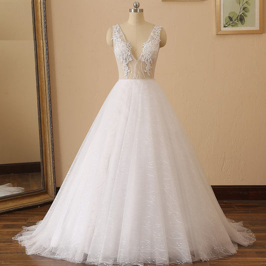 Pearl Trim Illusion Bodice Tulle A Line Wedding Gown All Sizes/Colors