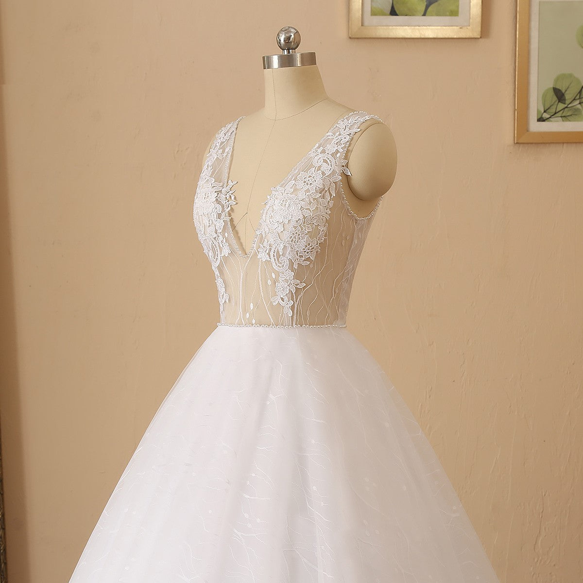 Pearl Trim Illusion Bodice Tulle A Line Wedding Gown All Sizes/Colors