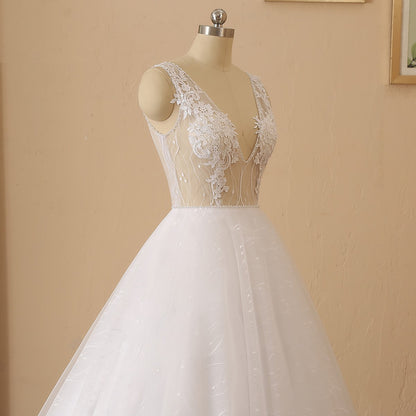 Pearl Trim Illusion Bodice Tulle A Line Wedding Gown All Sizes/Colors