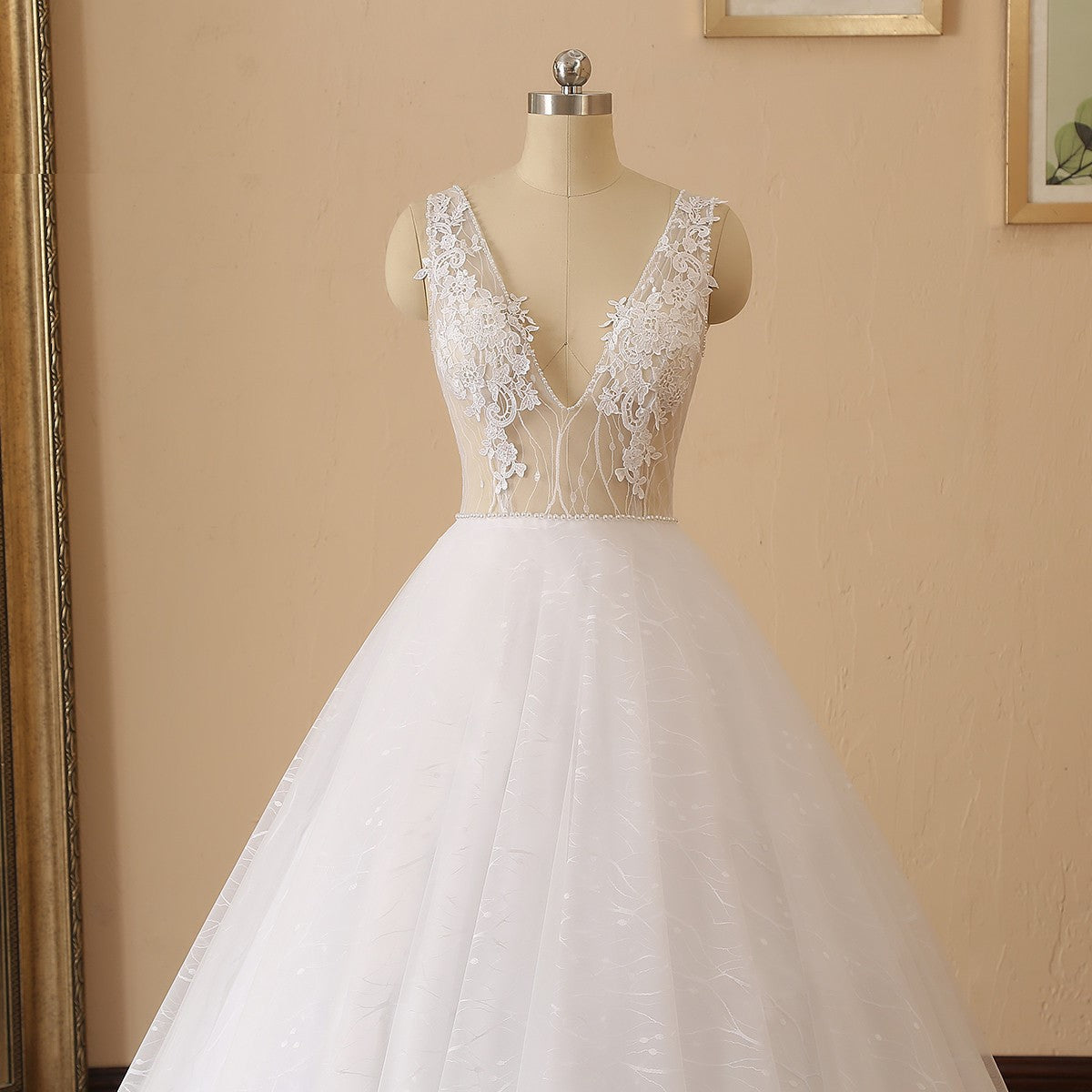 Pearl Trim Illusion Bodice Tulle A Line Wedding Gown All Sizes/Colors