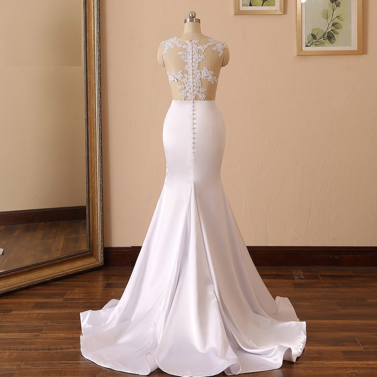 Sexy Pearled Illusion Lace/Satin Fit & Flair Wedding Gown All Sizes/Colors