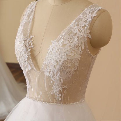 Pearl Trim Illusion Bodice Tulle A Line Wedding Gown All Sizes/Colors