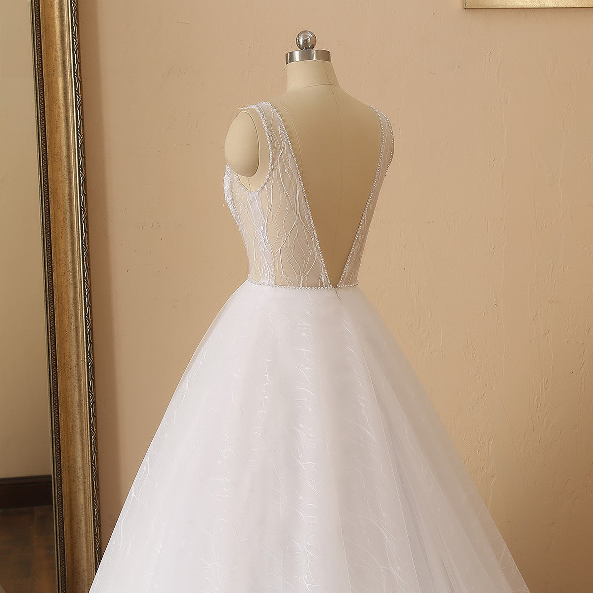 Pearl Trim Illusion Bodice Tulle A Line Wedding Gown All Sizes/Colors