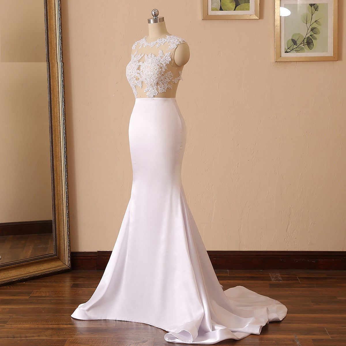 Sexy Pearled Illusion Lace/Satin Fit & Flair Wedding Gown All Sizes/Colors