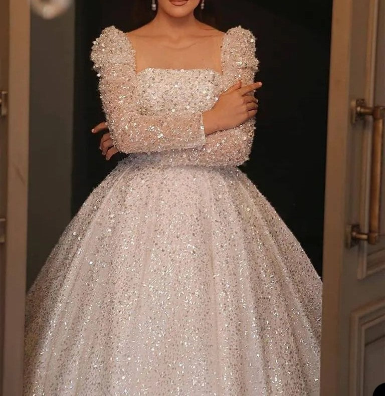 All Over Sequined Tulle Sparkle Long Sleeved Ball Wedding Gown All Sizes/Colors