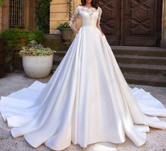 Elegant Satin/Lace Full A Line Long Sleeved Wedding Gown All Sizes/Colors