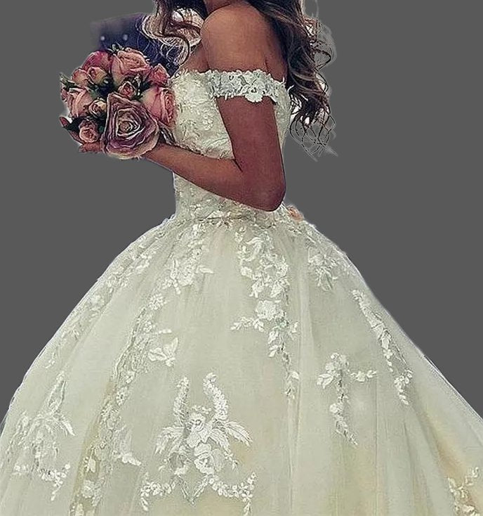 Lace/Tulle Off Shoulder Ball Wedding Gown All Sizes/Colors